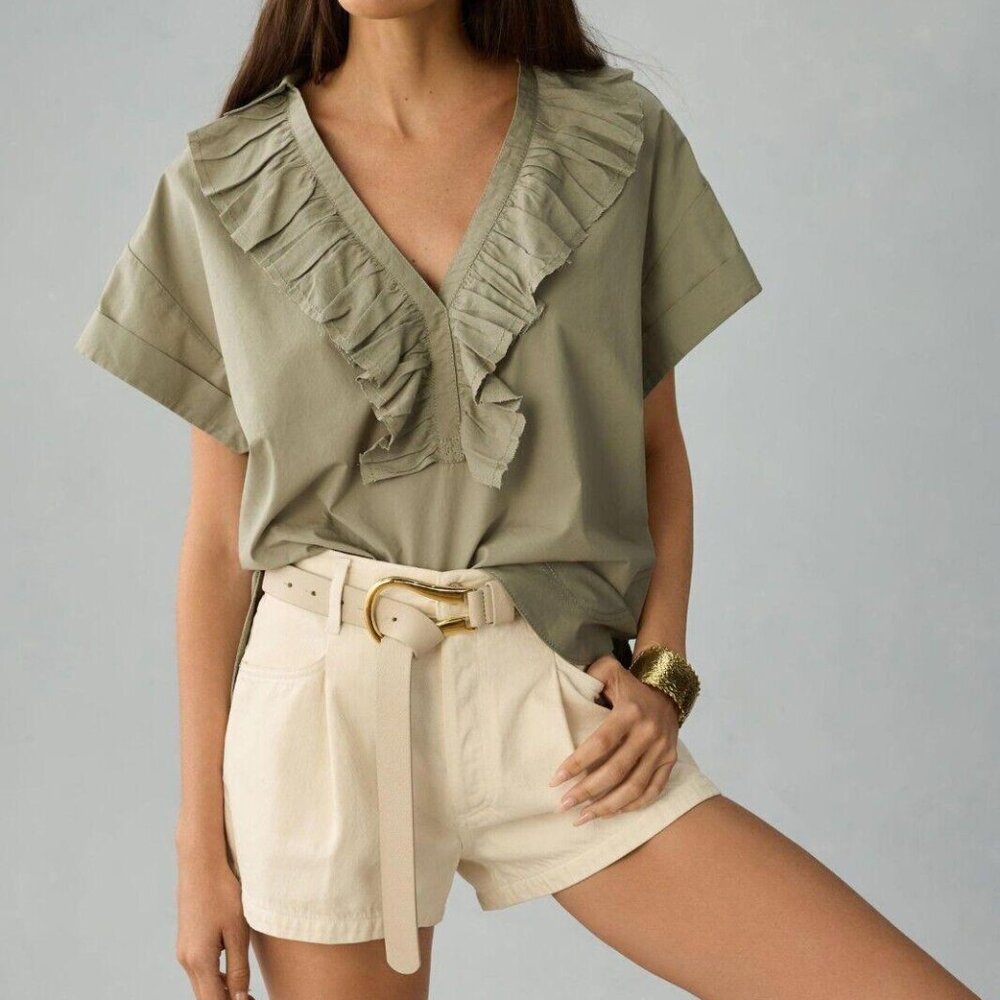 Pilcro Anthropologie Short-Sleeve Reworked Ruffled Tunic Top Shirt S New 265797
